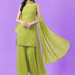 PARROT CREATION Geometric Embroidered Sequinned Georgette Kurti with Sharara And Dupatta-picture-25