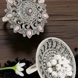OOMPH Set Of 2 Opal Stones Studded And Pearls Beaded Oxidised Finger Rings-picture-33