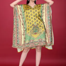 SilkSutra Bohemian Printed Kimono Sleeve Kaftan Dress image 1