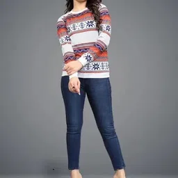 shree laxmi Women Printed Round Neck Wool Blend Orange T-Shirt image 1