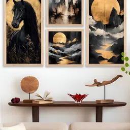 Kotart Black & Brown 4 Pieces Birds And Animals Printed Wooden Portrait Wall Arts-image-31