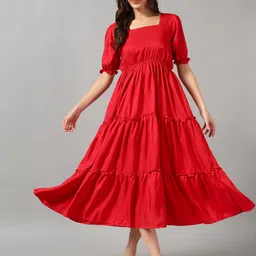 Raiyani Enterprise Solid Gathered or Pleated Puff Sleeve Fit and Flare Midi Dress-picture-25