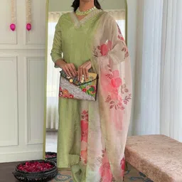 Lookmark Floral Printed V-Neck Thread Work Straight Kurta With Patiala & Dupatta-picture-32