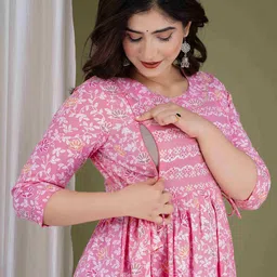 Aaysa Kurti Floral Printed Pure Cotton Flared Maternity Maxi Dress image 5