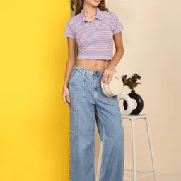 Dressitude Women Striped Polo Collar Pure Cotton Slim Fit T-shirt image 5