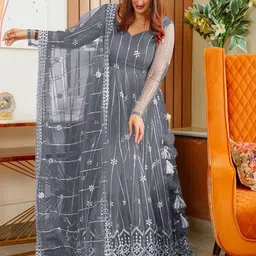 A TO Z CART Women Embroidered Net Fit And Flare Maxi Dress image 4