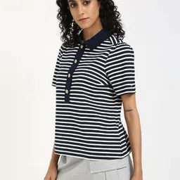Tommy Hilfiger Women Striped Polo Collar Cotton T-shirt image 4