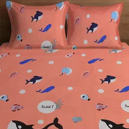 WEAVE AND DECOR Orange Cartoon Characters 300 TC Queen Bedsheet with 2 Pillow Covers image 2