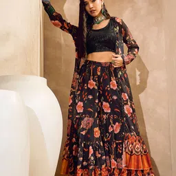 Shae by SASSAFRAS Embellished	Round Neck Crop Top With Sharara & Shrug Co-Ords-picture-17