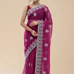 Vervee Couture Ethnic Motifs Embroidered Pure Georgette Saree-image-0