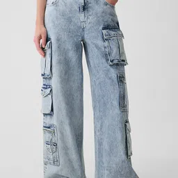 GAP Women Acid Wash Mid-Rise Pure Cotton Heavy Fade Cargo-Style Baggy Fit Jeans-image-0