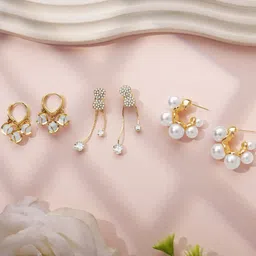 Estailo fashion Set Of 3 Gold-Plated Artificial Stones Studded & Beaded Drop Earrings image 2