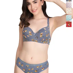 Liigne Women Pack Of 4 Printed Lightly Padded Pure Cotton Bra Panty Lingerie Set-picture-24
