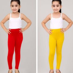 TIK TOK WEARS Girls Pack of 2 Red & Yellow Plain Cotton Churidar Leggings-picture-44