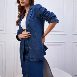 StyleStone Notched Lapel Single-Breasted Denim Blazer image 3