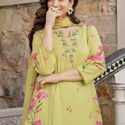 HERE&NOW Women Floral Printed Regular Thread Work Kurta with Trousers & Dupatta image 5