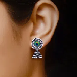 MEENAZ Set Of 5 Silver-Plated Geometric Shaped Oxidised Jhumkas image 5