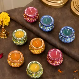 Aapno Rajasthan 8Pcs Red & Green Printed Terracotta Candle Diyas-image-58