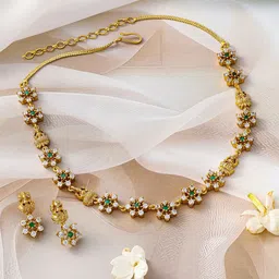 Rubans 22K Gold-Plated Temple Jewellery Set with Lakshmi Motif & Green CZ Floral Accents image 4