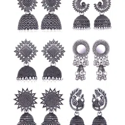 DIVASTRI Set Of 6 Silver-Plated Artificial Stones And Beads Dome Shaped Oxidized Jhumkas-image-87