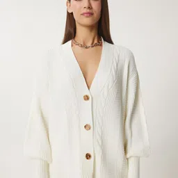 Happiness istanbul Women Cable Knit V-Neck Cardigan-image-6