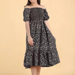 PTVIZE Floral Print Puff Sleeve Crepe A-Line Midi Dress image 4