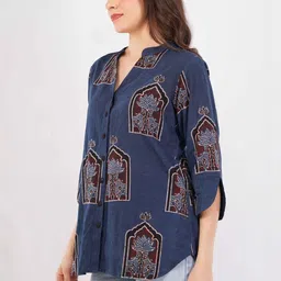 NAVSYAA Print Mandarin Collar Ethnic Cotton Top image 5