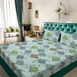 KLOTTHE Green & Brown Floral Printed 300 TC Double Bedsheet Set 2.50 x 2.25 m-image-55