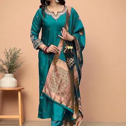 Sangria Women Embroidered Straight Kurta Pyjama & Dupatta image 2