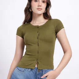 glitchez Round Neck Crop Ribbed Fitted Top image 3