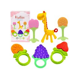 Kritiu Kids Pack Of 6 Green & Red Silicone Fruit & Giraffe Shape Baby Teether-picture-5