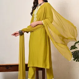 MEESAN Floral Yoke Design Chanderi Silk Straight Kurta With Trouser & Dupatta image 4