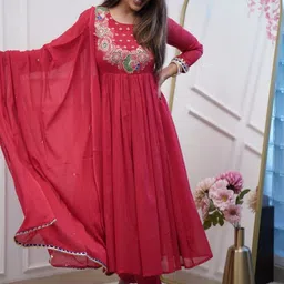 HERE&NOW Women Ethnic Motifs Embroidered Empire Thread Work Kurta with Trousers & With Dupatta image 5