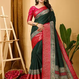 DIVASTRI Checked Printed Zari Kanjeevaram Saree With Unstitched Blosue Piece-picture-41