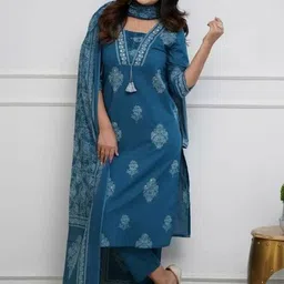 JAIPURI COLLECTION Women Ethnic Motifs Printed Regular Thread Work Pure Cotton Kurta with Trousers & With-picture-32