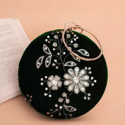 ARTKLIM Floral Embroidered Sequinned Round Shaped Box Clutch-image-23
