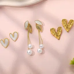Estailo fashion Set Of 3 Gold-Plated Stones Studded & Beaded Enamelled Leaf Shaped Studs-picture-38