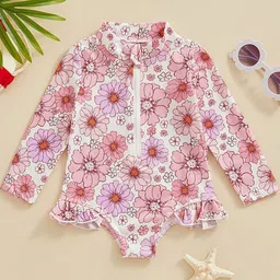 LULU & SKY Girls Floral Printed Zip-through Swimsuit image 1