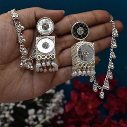 MEIRA JEWELLERY Silver-Plated Artificial Studded & Beaded Oxidised Dome Shaped Jhumkas-picture-44