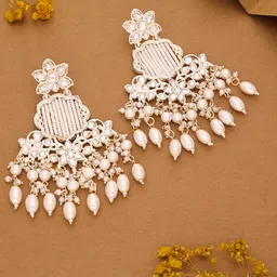 Anouk Gold-Plated Artificial Stones Studded & Beaded Floral Shaped Drop Earrings-picture-17