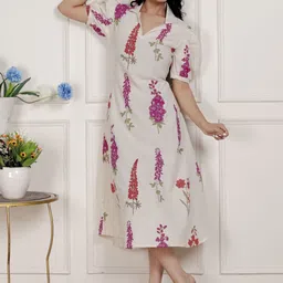 MIRAVAN Floral Printed Shirt Collar Puff Sleeve A-Line Cotton Midi Dress-picture-12