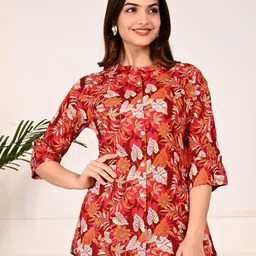 GUDWEARS Print Mandarin Collar Roll-Up Sleeves Top image 1