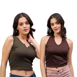 Fasha Women Pack Of 2 Rib U & V-Neck Sleeveless Tank Crop Top-image-81