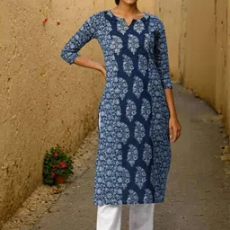 SZN Ethnic Motifs Printed Notch Neck Pure Cotton Straight Kurta-picture-17