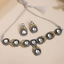 KARATCART Gold-Plated Polki Kundan Studded Peacock Choker Jewellery Set-picture-18