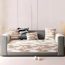 DREAM CARE Beige & Beige Striped Polyester 3 Piece Sofa Cover With Arms-picture-31