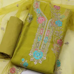 Meena Bazaar Floral Embroidered Thread Work Chanderi Silk Unstitched Dress Material-image-10