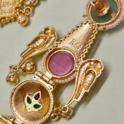 VIVAZS Gold-Plated Artificial Stones Studded & Beaded Circular Shaped Drop Earrings image 2