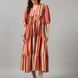 Raiyani Fashion Striped Printed V-Neck Gathered Or Pleated Casual A-Line Midi Dress-image-99