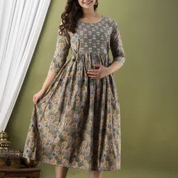 Tulsiram Women Printed Cotton Flared Midi Maternity Ethnic Dress-image-10